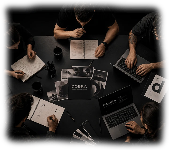 Mesa de trabalho vista de cima, com cadernos, laptops e material de marca