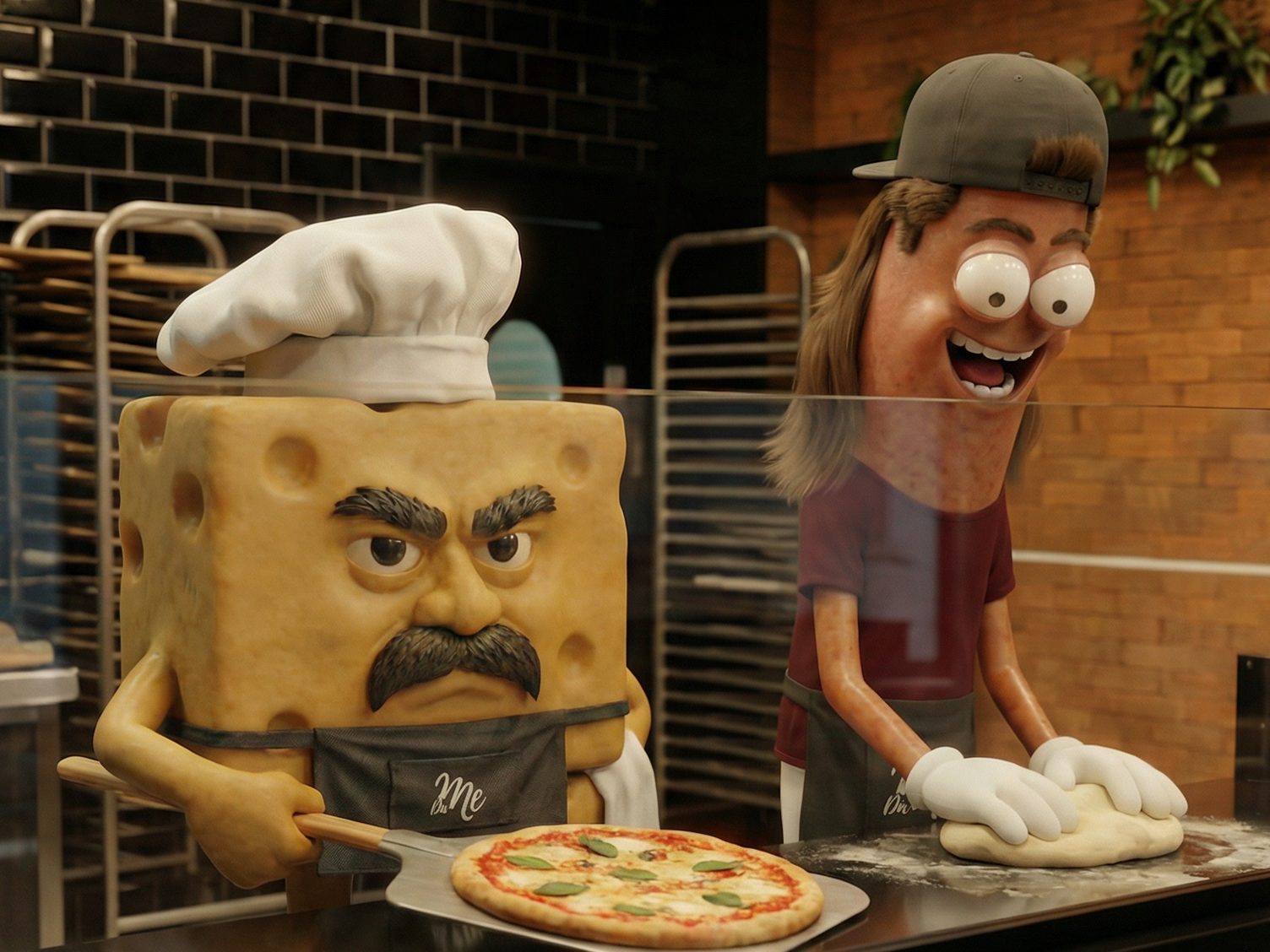 Personagens 3D de mascote na cozinha de uma pizzaria